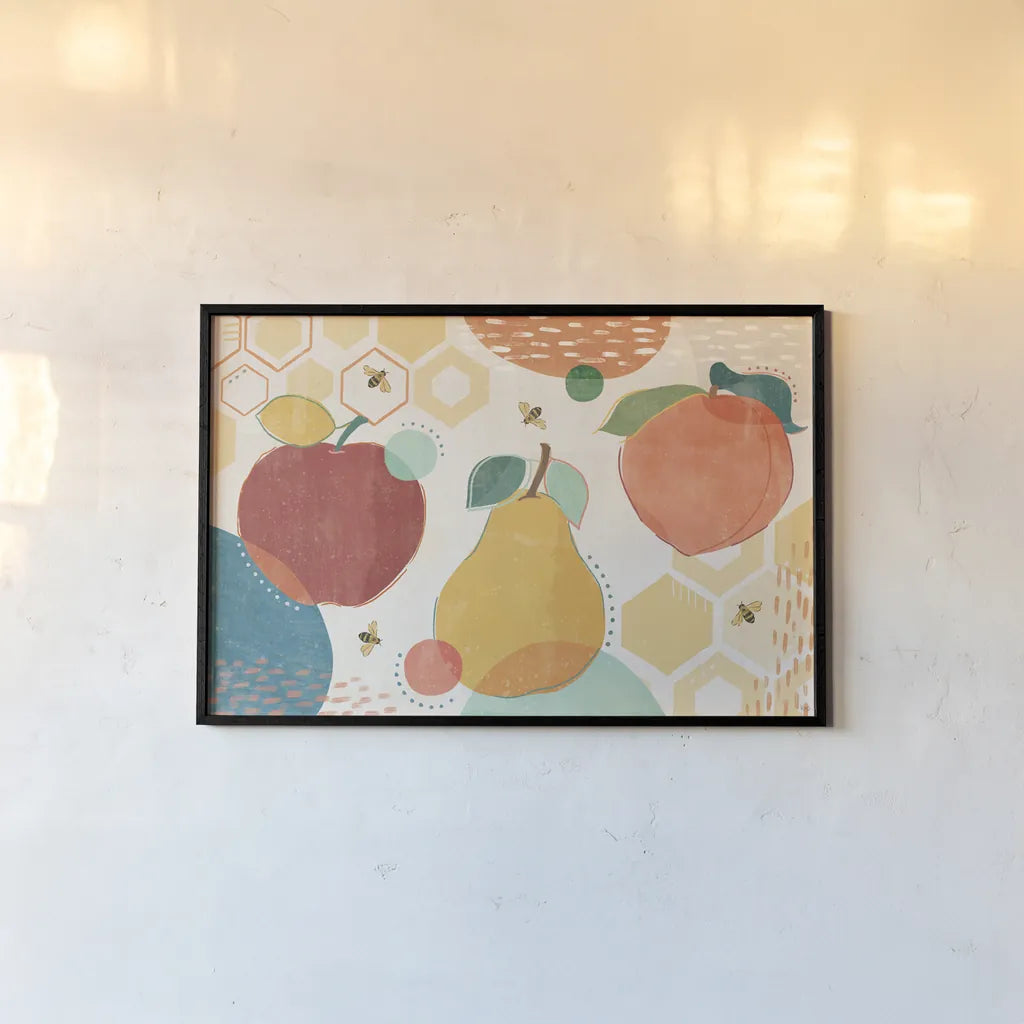 Fruit Frenzy I by Veronique Charron. shown as a paper print in a black flame. Available as a archival giclee rolled canvas, fine art paper, or poster print. SKU 72393i.