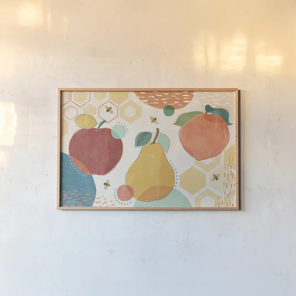 Fruit Frenzy I by Veronique Charron. shown as a paper print in a natural frame. Available as a archival giclee rolled canvas, fine art paper, or poster print. SKU 72393i.