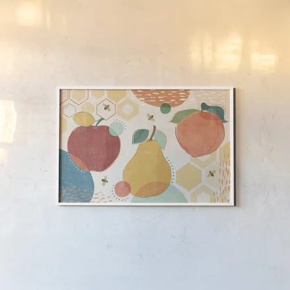 Fruit Frenzy I by Veronique Charron. shown as a paper print in a white frame. Available as a archival giclee rolled canvas, fine art paper, or poster print. SKU 72393i.