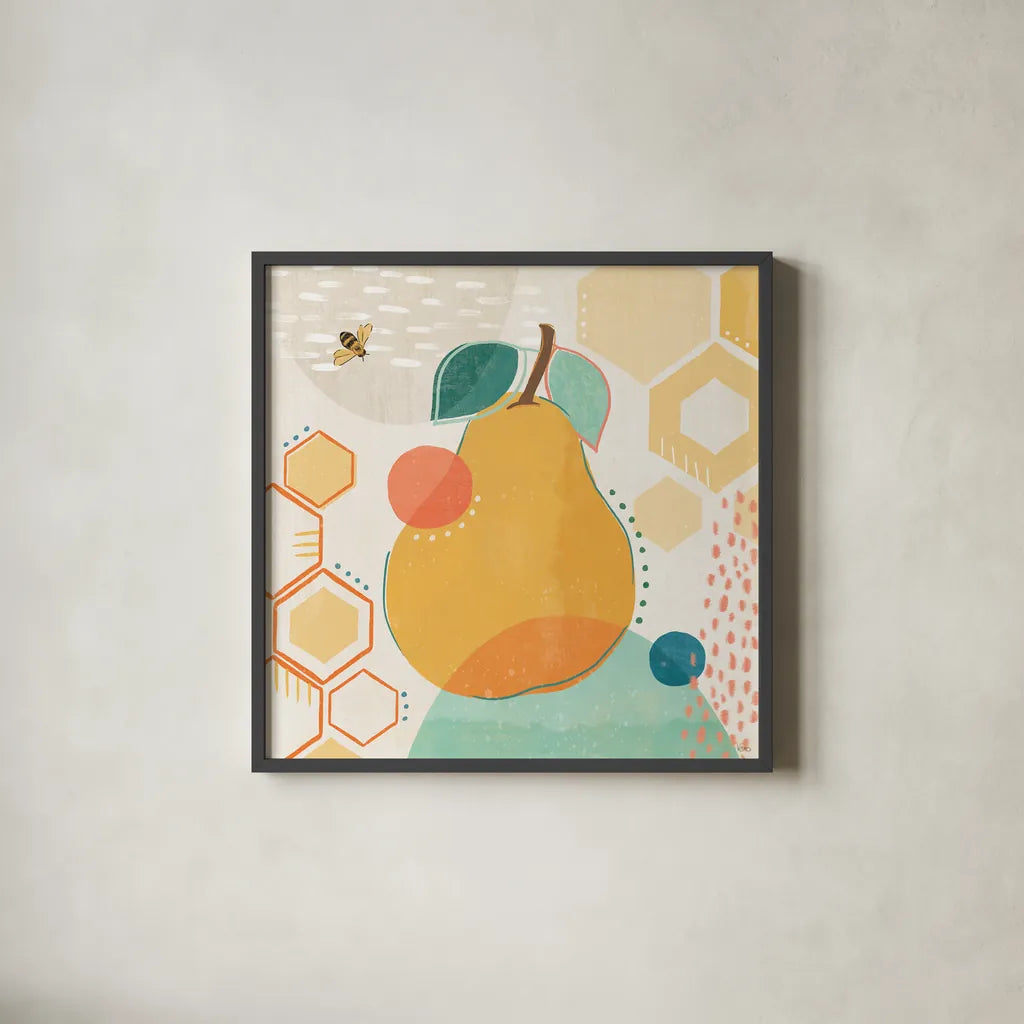 Fruit Frenzy II by Veronique Charron. Shown in a sleek black glass frame for a contemporary gallery look. Available as an archival giclee rolled canvas, fine art paper, or poster print. SKU 72394a.