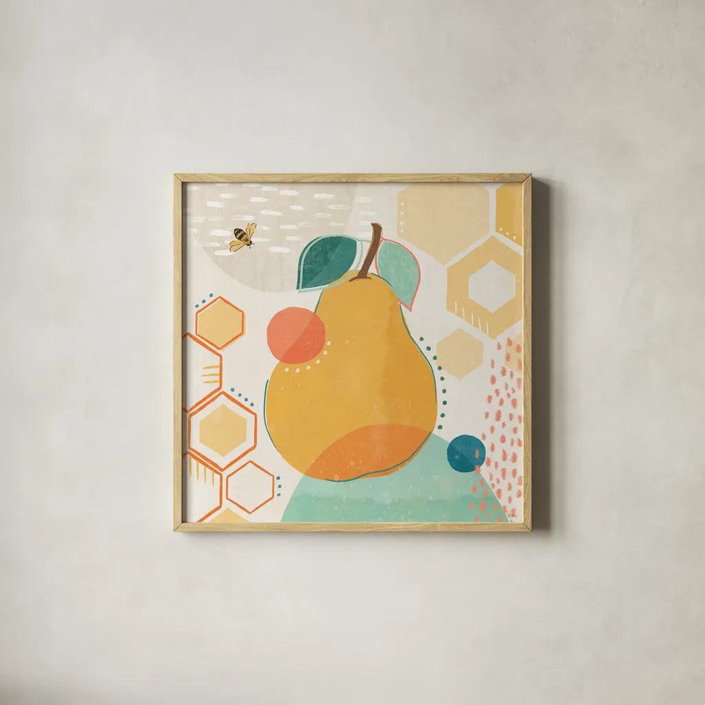Fruit Frenzy II by Veronique Charron. Shown in a natural wood glass frame for a timeless modern aesthetic. Available as an archival giclee rolled canvas, fine art paper, or poster print. SKU 72394a.