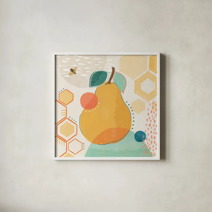 Fruit Frenzy II by Veronique Charron. Shown in a crisp white glass frame for a clean and minimalist style. Available as an archival giclee rolled canvas, fine art paper, or poster print. SKU 72394a.