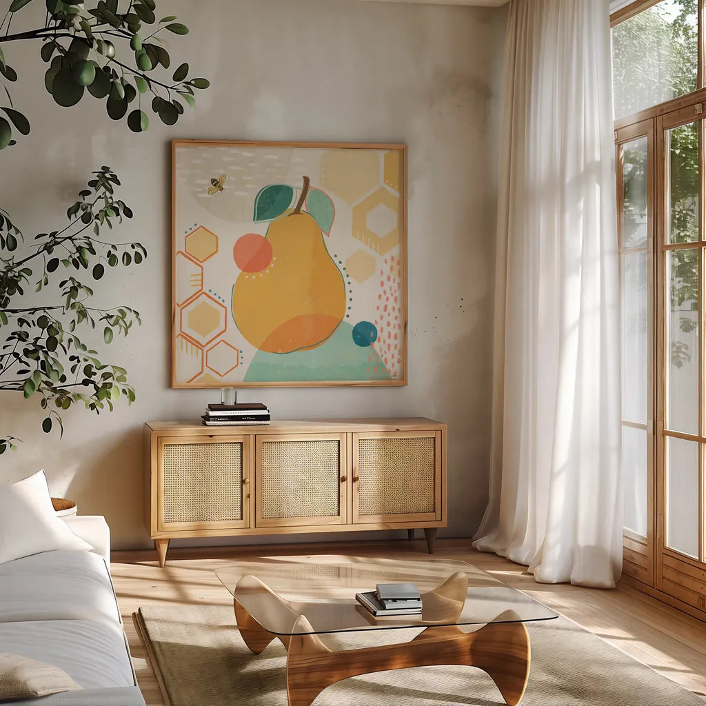 Fruit Frenzy II by Veronique Charron. Shown in a natural wood frame in a cozy modern living room. Available as an archival giclee rolled canvas, fine art paper, or poster print. SKU 72394a.