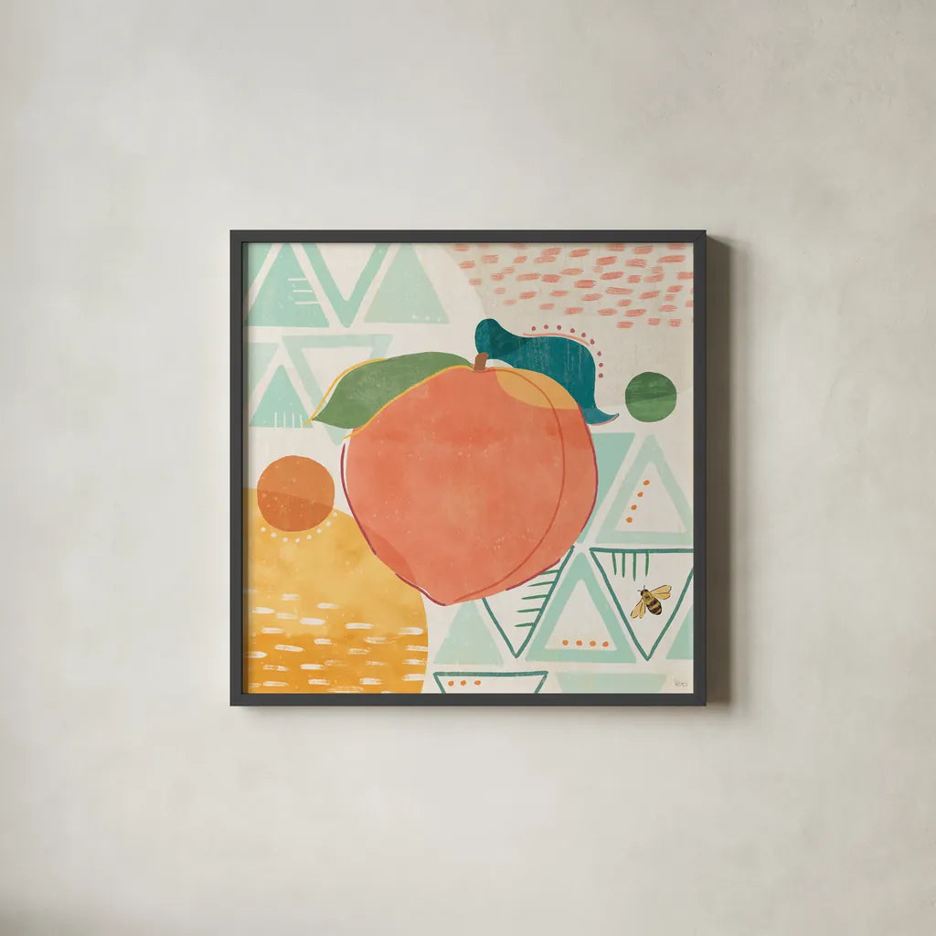 Fruit Frenzy III by Veronique Charron. Shown in a sleek black glass frame for a contemporary gallery look. Available as an archival giclee rolled canvas, fine art paper, or poster print. SKU 72395a.