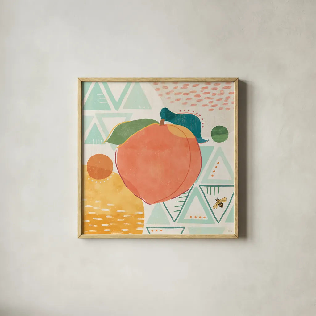 Fruit Frenzy III by Veronique Charron. Shown in a natural wood glass frame for a timeless modern aesthetic. Available as an archival giclee rolled canvas, fine art paper, or poster print. SKU 72395a.