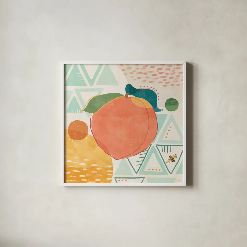Fruit Frenzy III by Veronique Charron. Shown in a crisp white glass frame for a clean and minimalist style. Available as an archival giclee rolled canvas, fine art paper, or poster print. SKU 72395a.