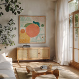 Fruit Frenzy III by Veronique Charron. Shown in a natural wood frame in a cozy modern living room. Available as an archival giclee rolled canvas, fine art paper, or poster print. SKU 72395a.