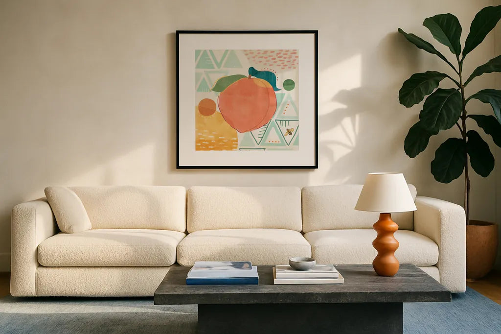 Fruit Frenzy III by Veronique Charron. Displayed in a glass frame with matte in a clean modern living room. Available as an archival giclee rolled canvas, fine art paper, or poster print. SKU 72395a.
