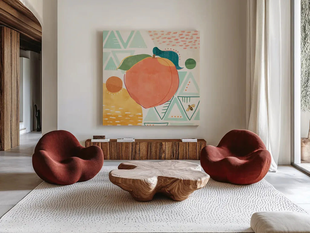 Fruit Frenzy III by Veronique Charron. Shown as extra-large giant wall art in a modern living room. Available as an archival giclee rolled canvas, fine art paper, or poster print. SKU 72395a.