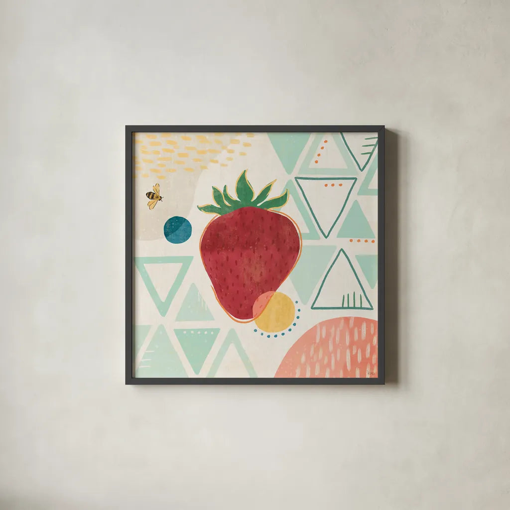 Fruit Frenzy IV by Veronique Charron. Shown in a sleek black glass frame for a contemporary gallery look. Available as an archival giclee rolled canvas, fine art paper, or poster print. SKU 72396a.