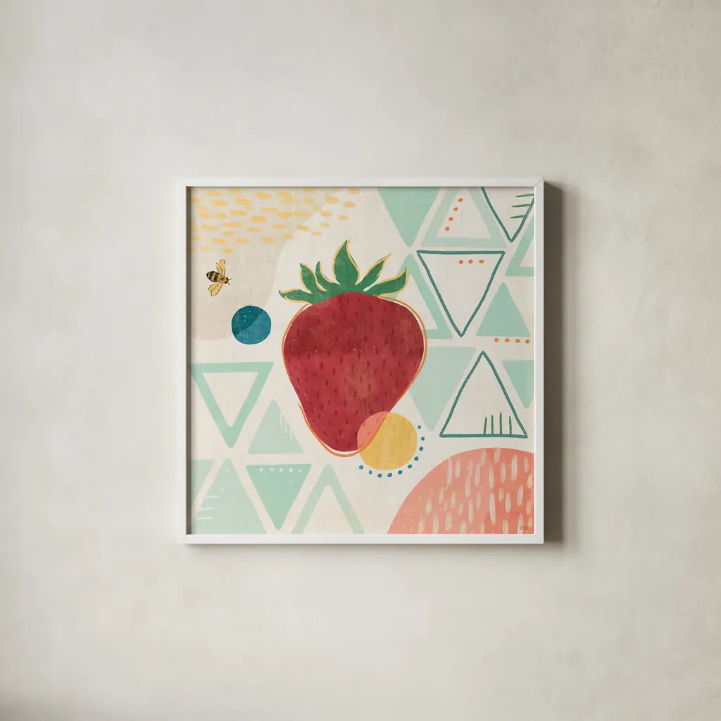 Fruit Frenzy IV by Veronique Charron. Shown in a crisp white glass frame for a clean and minimalist style. Available as an archival giclee rolled canvas, fine art paper, or poster print. SKU 72396a.