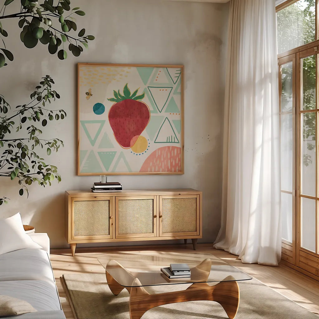 Fruit Frenzy IV by Veronique Charron. Shown in a natural wood frame in a cozy modern living room. Available as an archival giclee rolled canvas, fine art paper, or poster print. SKU 72396a.