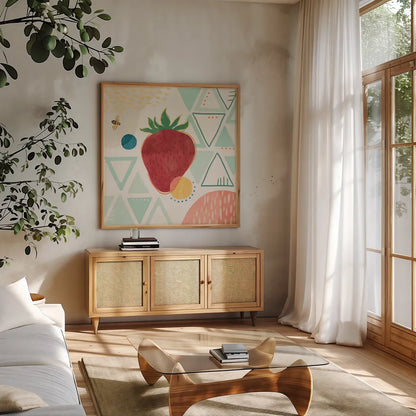 Fruit Frenzy IV by Veronique Charron. Shown in a natural wood frame in a cozy modern living room. Available as an archival giclee rolled canvas, fine art paper, or poster print. SKU 72396a.