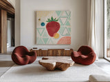 Fruit Frenzy IV by Veronique Charron. Shown as extra-large giant wall art in a modern living room. Available as an archival giclee rolled canvas, fine art paper, or poster print. SKU 72396a.