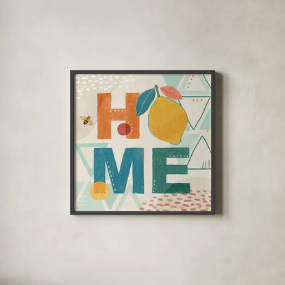 Fruit Frenzy IX by Veronique Charron. Shown in a sleek black glass frame for a contemporary gallery look. Available as an archival giclee rolled canvas, fine art paper, or poster print. SKU 72401a.