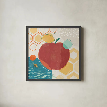 Fruit Frenzy V by Veronique Charron. Shown in a sleek black glass frame for a contemporary gallery look. Available as an archival giclee rolled canvas, fine art paper, or poster print. SKU 72397a.