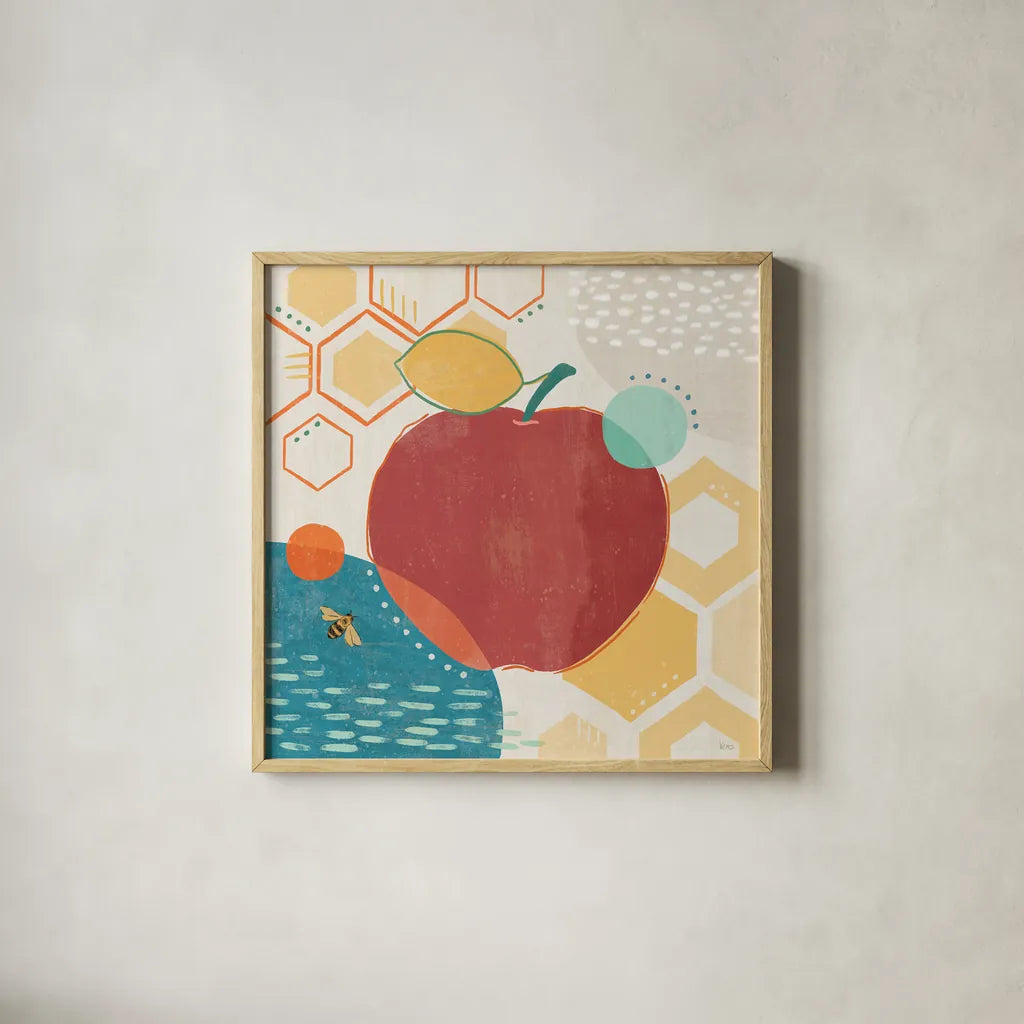 Fruit Frenzy V by Veronique Charron. Shown in a natural wood glass frame for a timeless modern aesthetic. Available as an archival giclee rolled canvas, fine art paper, or poster print. SKU 72397a.