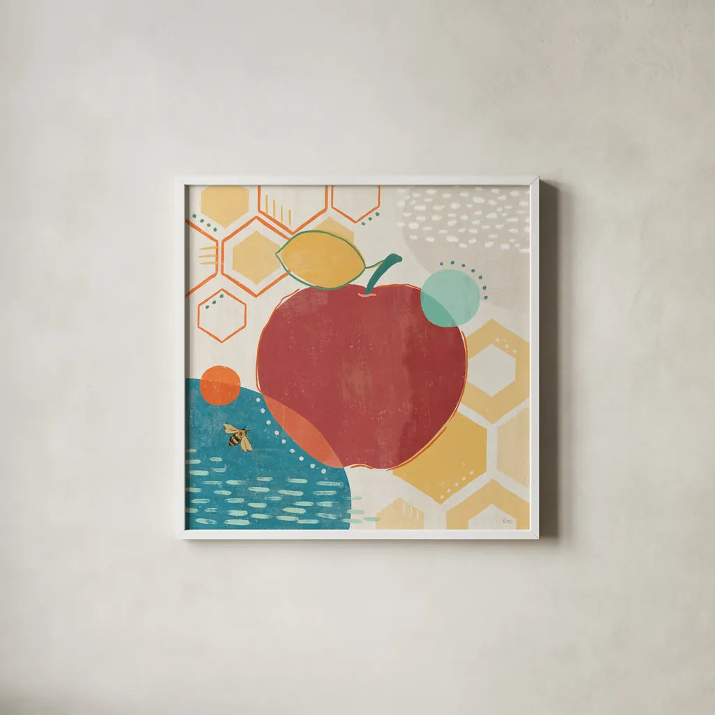 Fruit Frenzy V by Veronique Charron. Shown in a crisp white glass frame for a clean and minimalist style. Available as an archival giclee rolled canvas, fine art paper, or poster print. SKU 72397a.