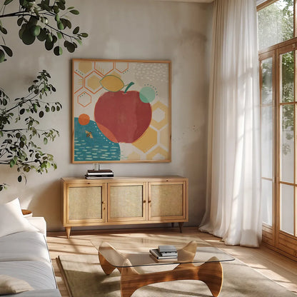 Fruit Frenzy V by Veronique Charron. Shown in a natural wood frame in a cozy modern living room. Available as an archival giclee rolled canvas, fine art paper, or poster print. SKU 72397a.