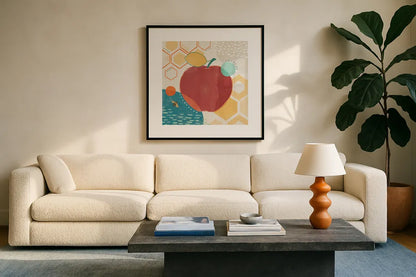 Fruit Frenzy V by Veronique Charron. Displayed in a glass frame with matte in a clean modern living room. Available as an archival giclee rolled canvas, fine art paper, or poster print. SKU 72397a.