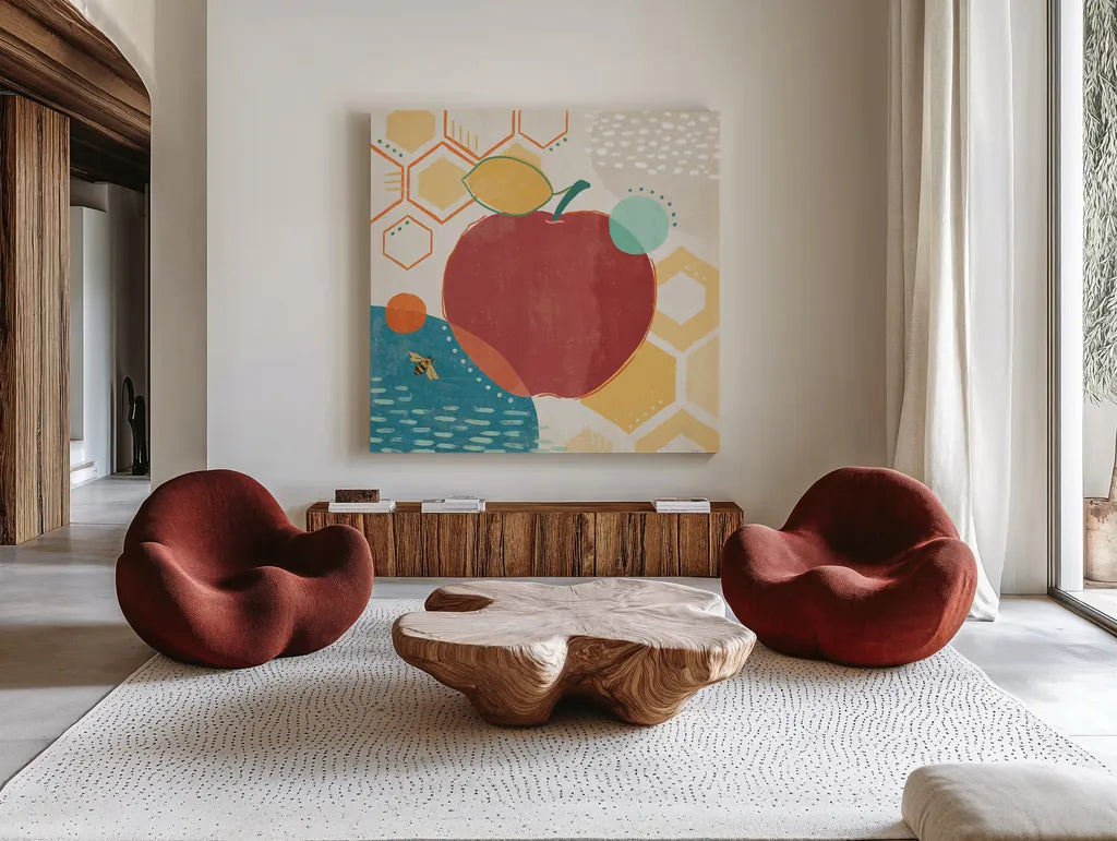 Fruit Frenzy V by Veronique Charron. Shown as extra-large giant wall art in a modern living room. Available as an archival giclee rolled canvas, fine art paper, or poster print. SKU 72397a.