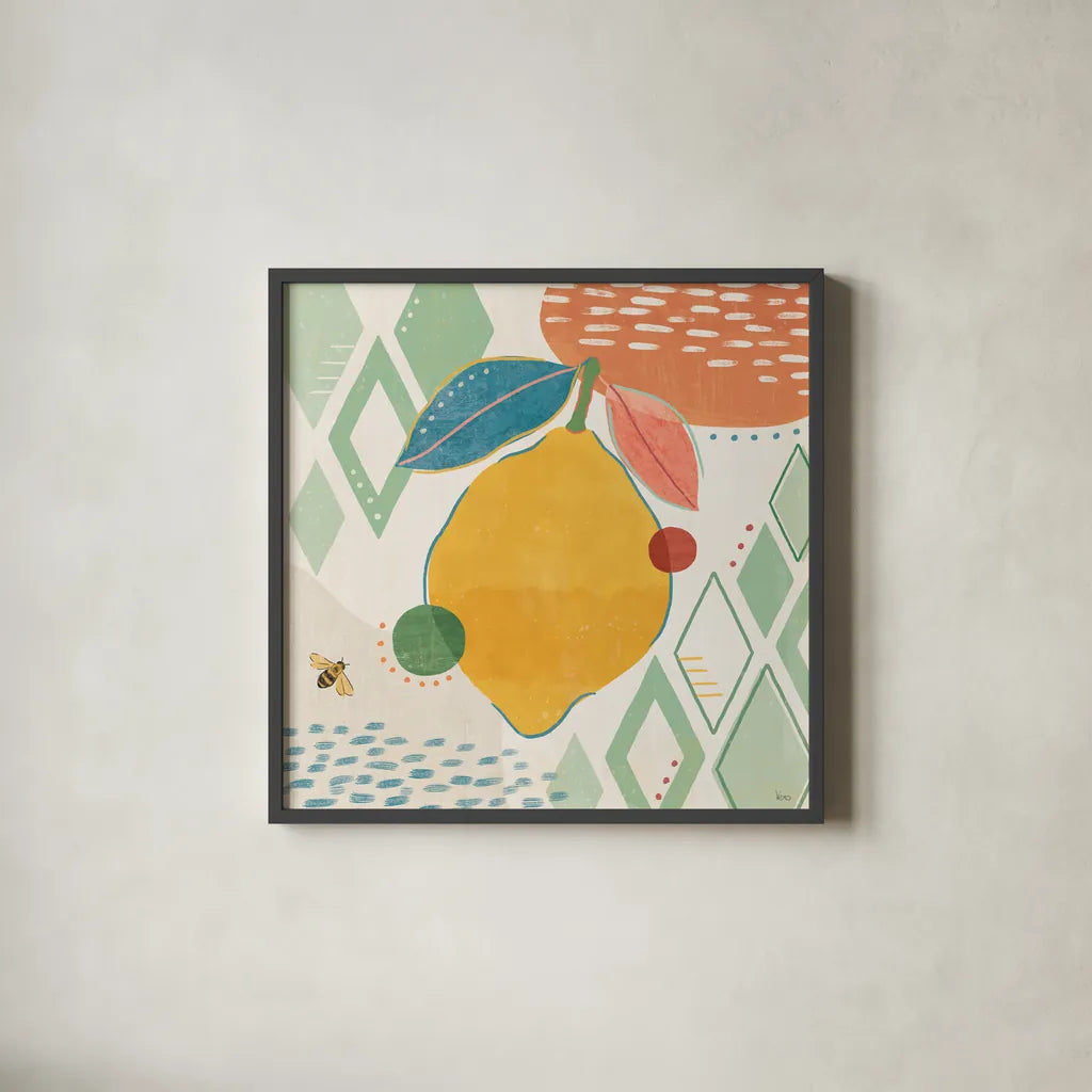 Fruit Frenzy VI by Veronique Charron. Shown in a sleek black glass frame for a contemporary gallery look. Available as an archival giclee rolled canvas, fine art paper, or poster print. SKU 72398a.
