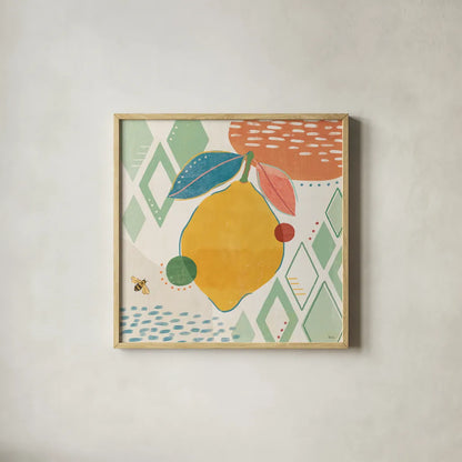 Fruit Frenzy VI by Veronique Charron. Shown in a natural wood glass frame for a timeless modern aesthetic. Available as an archival giclee rolled canvas, fine art paper, or poster print. SKU 72398a.