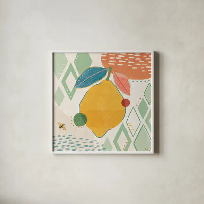 Fruit Frenzy VI by Veronique Charron. Shown in a crisp white glass frame for a clean and minimalist style. Available as an archival giclee rolled canvas, fine art paper, or poster print. SKU 72398a.