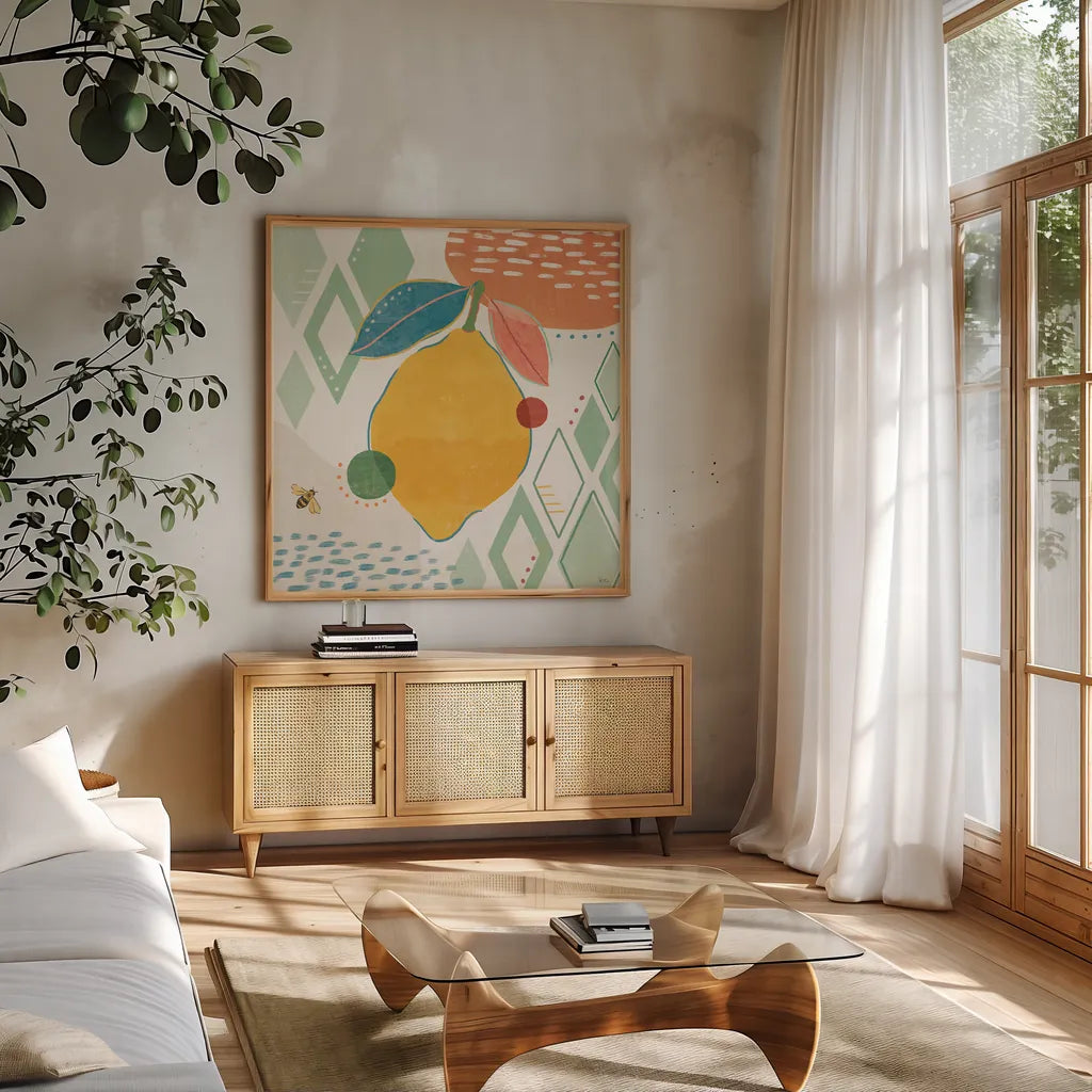Fruit Frenzy VI by Veronique Charron. Shown in a natural wood frame in a cozy modern living room. Available as an archival giclee rolled canvas, fine art paper, or poster print. SKU 72398a.