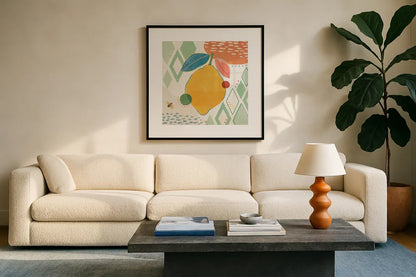 Fruit Frenzy VI by Veronique Charron. Displayed in a glass frame with matte in a clean modern living room. Available as an archival giclee rolled canvas, fine art paper, or poster print. SKU 72398a.