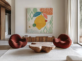 Fruit Frenzy VI by Veronique Charron. Shown as extra-large giant wall art in a modern living room. Available as an archival giclee rolled canvas, fine art paper, or poster print. SKU 72398a.