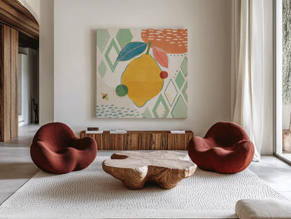 Fruit Frenzy VI by Veronique Charron. Shown as extra-large giant wall art in a modern living room. Available as an archival giclee rolled canvas, fine art paper, or poster print. SKU 72398a.