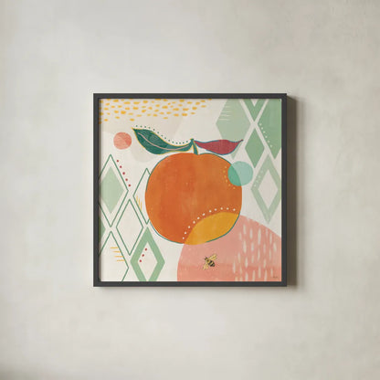 Fruit Frenzy VII by Veronique Charron. Shown in a sleek black glass frame for a contemporary gallery look. Available as an archival giclee rolled canvas, fine art paper, or poster print. SKU 72399a.