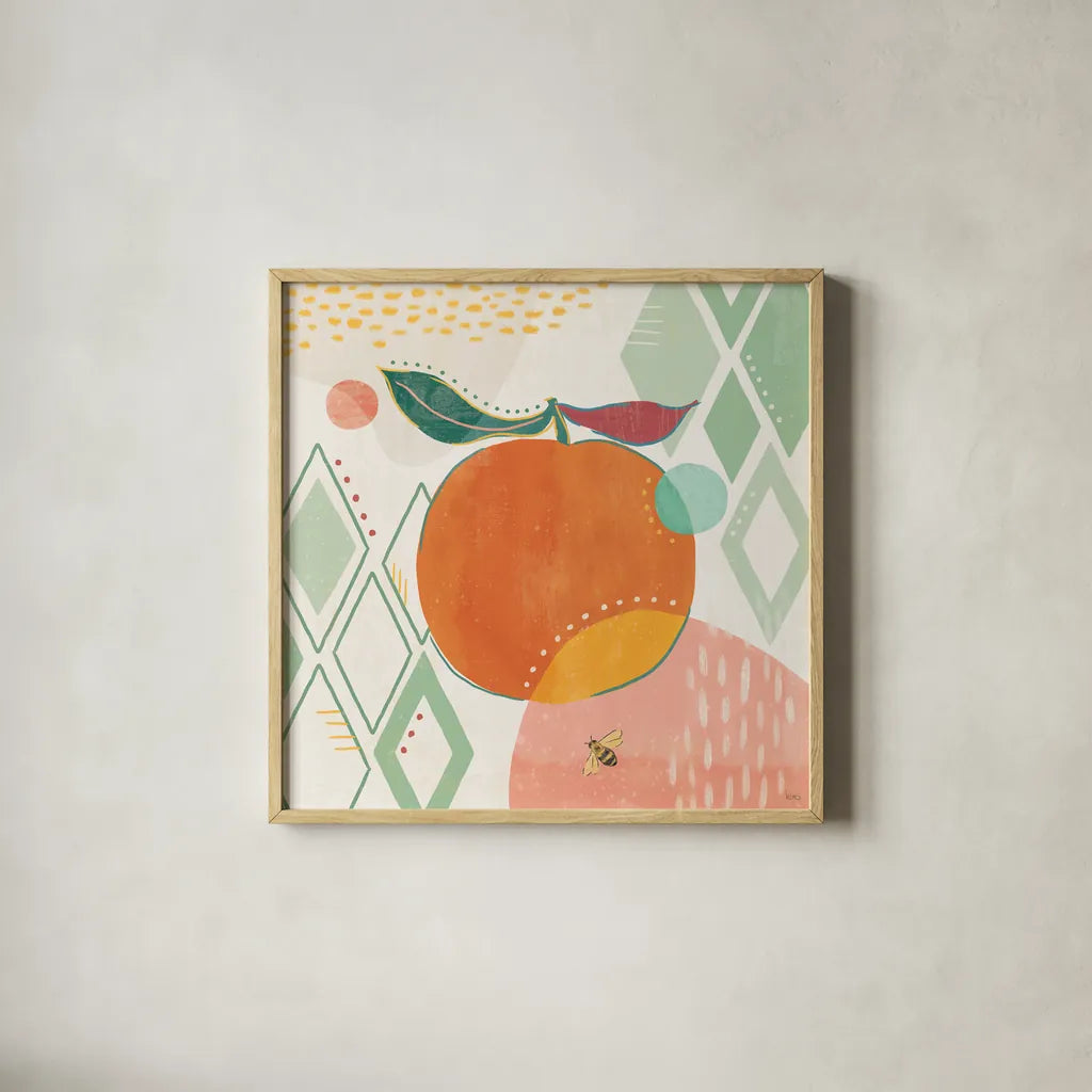Fruit Frenzy VII by Veronique Charron. Shown in a natural wood glass frame for a timeless modern aesthetic. Available as an archival giclee rolled canvas, fine art paper, or poster print. SKU 72399a.