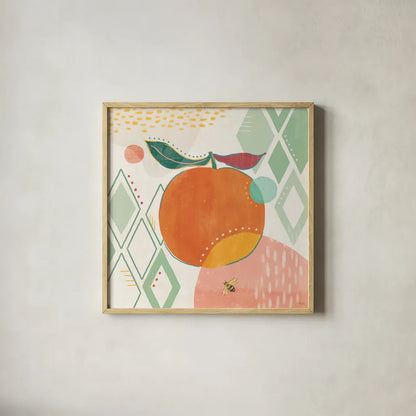 Fruit Frenzy VII by Veronique Charron. Shown in a natural wood glass frame for a timeless modern aesthetic. Available as an archival giclee rolled canvas, fine art paper, or poster print. SKU 72399a.