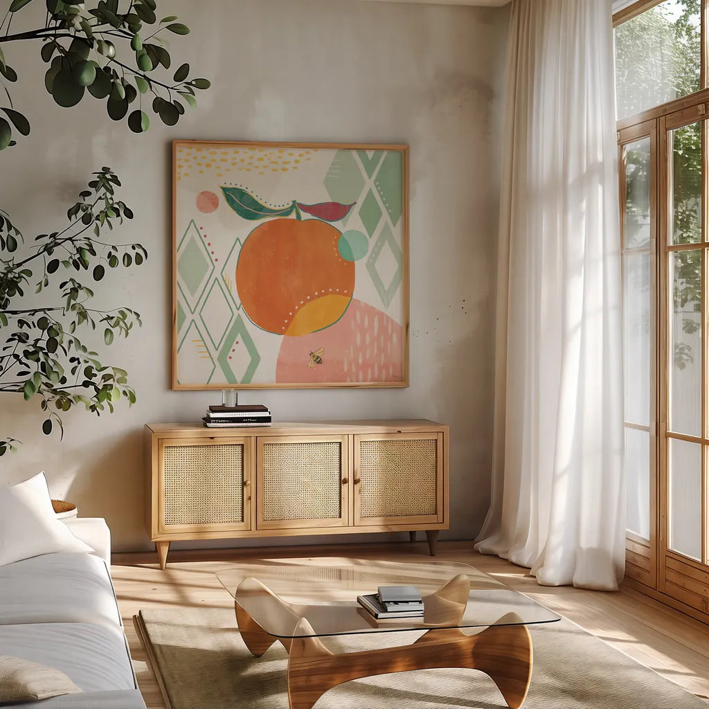 Fruit Frenzy VII by Veronique Charron. Shown in a natural wood frame in a cozy modern living room. Available as an archival giclee rolled canvas, fine art paper, or poster print. SKU 72399a.