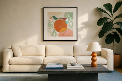 Fruit Frenzy VII by Veronique Charron. Displayed in a glass frame with matte in a clean modern living room. Available as an archival giclee rolled canvas, fine art paper, or poster print. SKU 72399a.