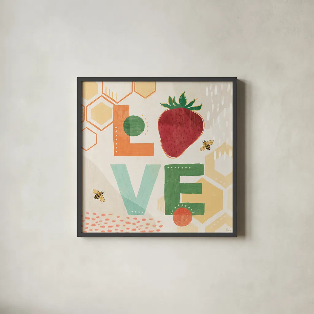 Fruit Frenzy VIII by Veronique Charron. Shown in a sleek black glass frame for a contemporary gallery look. Available as an archival giclee rolled canvas, fine art paper, or poster print. SKU 72400a.