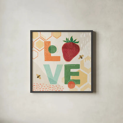 Fruit Frenzy VIII by Veronique Charron. Shown in a sleek black glass frame for a contemporary gallery look. Available as an archival giclee rolled canvas, fine art paper, or poster print. SKU 72400a.