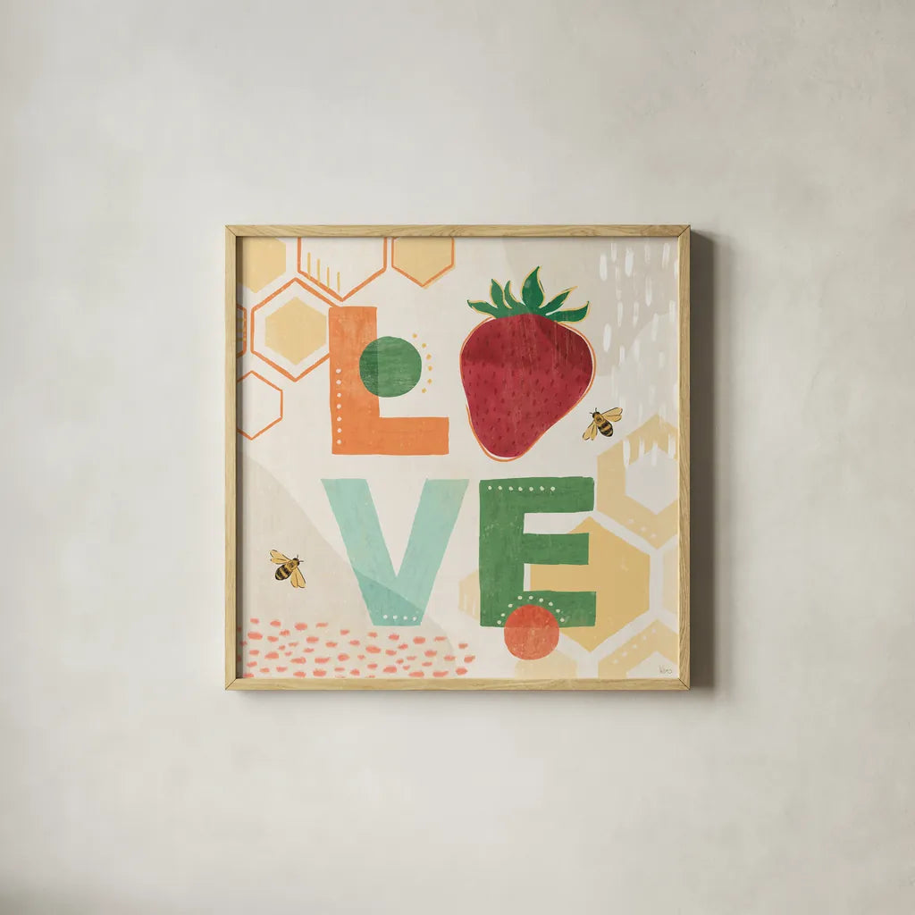 Fruit Frenzy VIII by Veronique Charron. Shown in a natural wood glass frame for a timeless modern aesthetic. Available as an archival giclee rolled canvas, fine art paper, or poster print. SKU 72400a.