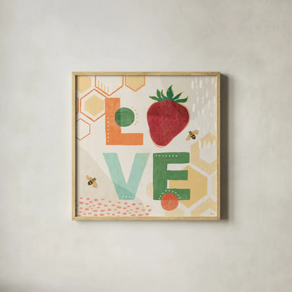 Fruit Frenzy VIII by Veronique Charron. Shown in a natural wood glass frame for a timeless modern aesthetic. Available as an archival giclee rolled canvas, fine art paper, or poster print. SKU 72400a.