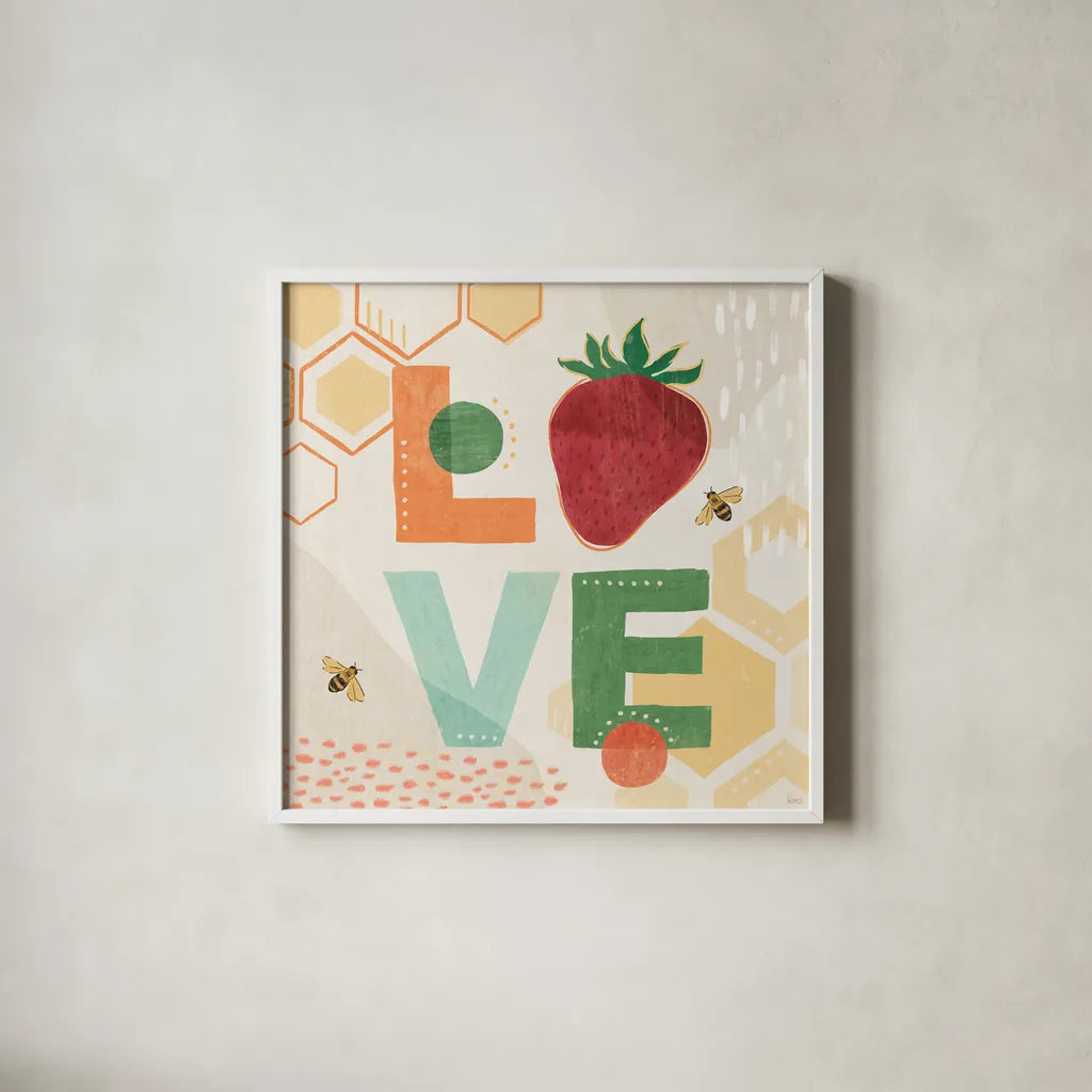 Fruit Frenzy VIII by Veronique Charron. Shown in a crisp white glass frame for a clean and minimalist style. Available as an archival giclee rolled canvas, fine art paper, or poster print. SKU 72400a.