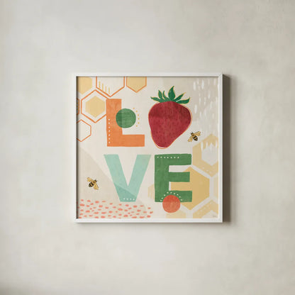 Fruit Frenzy VIII by Veronique Charron. Shown in a crisp white glass frame for a clean and minimalist style. Available as an archival giclee rolled canvas, fine art paper, or poster print. SKU 72400a.