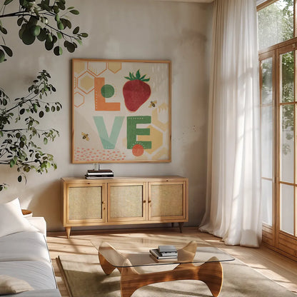 Fruit Frenzy VIII by Veronique Charron. Shown in a natural wood frame in a cozy modern living room. Available as an archival giclee rolled canvas, fine art paper, or poster print. SKU 72400a.