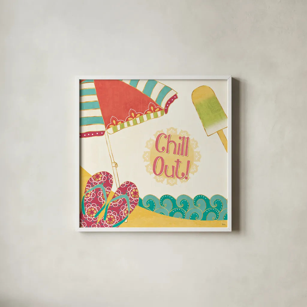 Fun in the Sun I by Veronique Charron. Shown in a crisp white glass frame for a clean and minimalist style. Available as an archival giclee rolled canvas, fine art paper, or poster print. SKU 42510a.