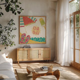 Fun in the Sun I by Veronique Charron. Shown in a natural wood frame in a cozy modern living room. Available as an archival giclee rolled canvas, fine art paper, or poster print. SKU 42510a.