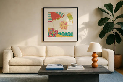 Fun in the Sun I by Veronique Charron. Displayed in a glass frame with matte in a clean modern living room. Available as an archival giclee rolled canvas, fine art paper, or poster print. SKU 42510a.