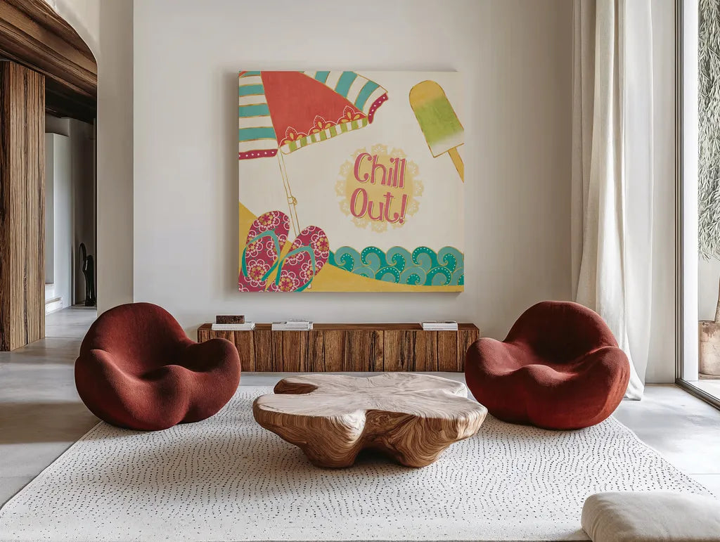 Fun in the Sun I by Veronique Charron. Shown as extra-large giant wall art in a modern living room. Available as an archival giclee rolled canvas, fine art paper, or poster print. SKU 42510a.