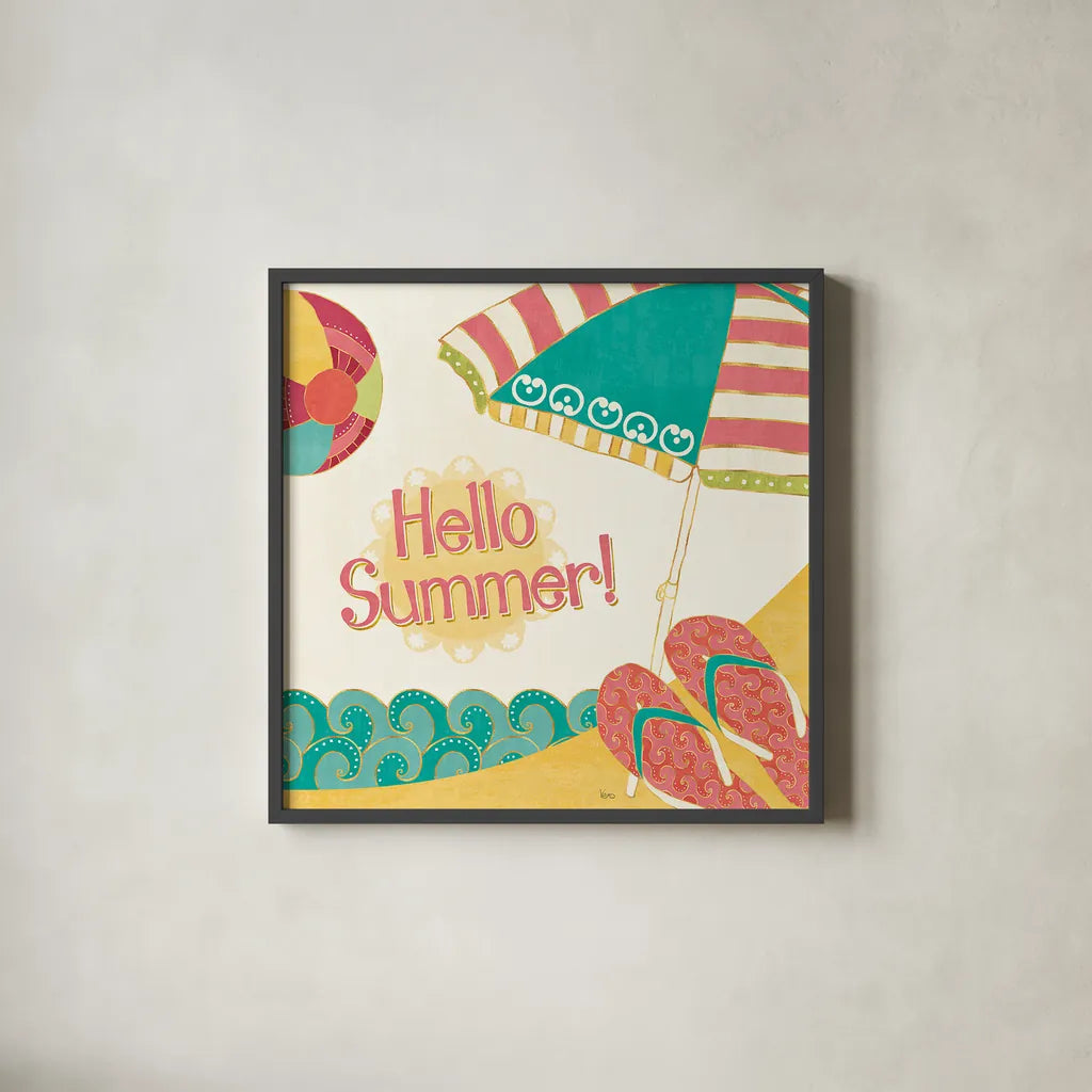 Fun in the Sun II by Veronique Charron. Shown in a sleek black glass frame for a contemporary gallery look. Available as an archival giclee rolled canvas, fine art paper, or poster print. SKU 42511a.