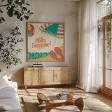 Fun in the Sun II by Veronique Charron. Shown in a natural wood frame in a cozy modern living room. Available as an archival giclee rolled canvas, fine art paper, or poster print. SKU 42511a.